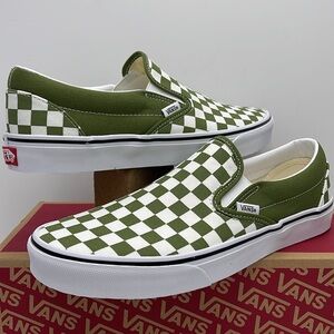 Vans Green and White Checkered Slip-On Sneakers